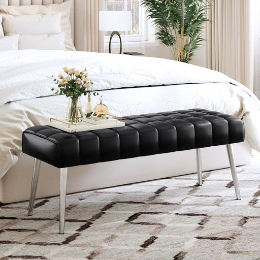 black Leather Cushioned Bedroom Bench Entryway Bench