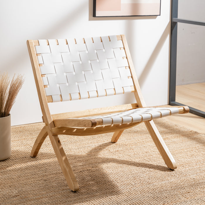 white leather woven accent chair