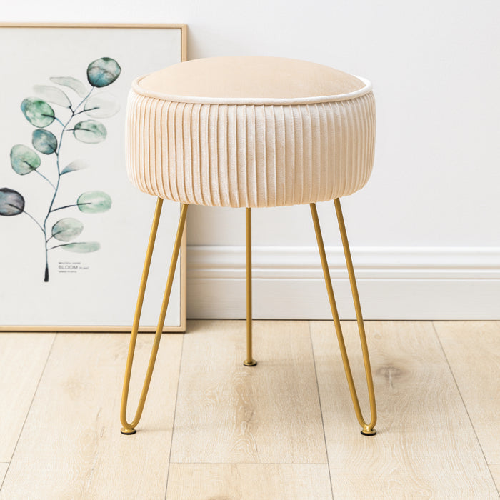 champagne Upholstered Pleated Round Footrest Stool