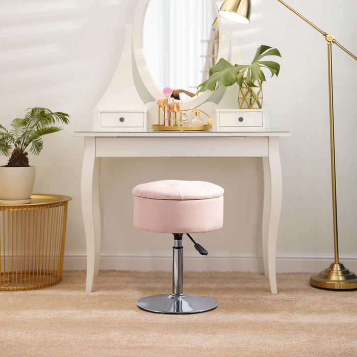 pink leather swivel vanity stool height adjustable in front of the dresser