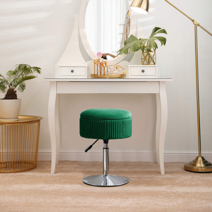 emerald green swivel vanity stool height adjustable in front of the dresser