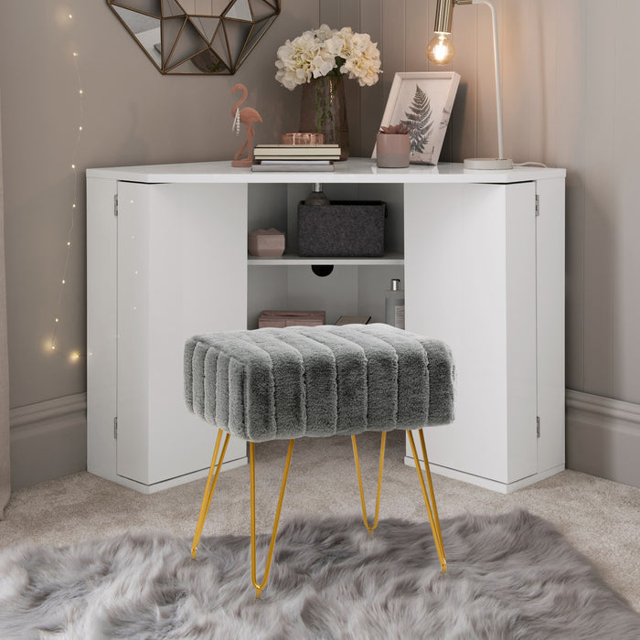 grey faux fur makeup vanity stool gold leg