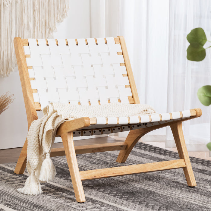 white leather strap woven accent chair