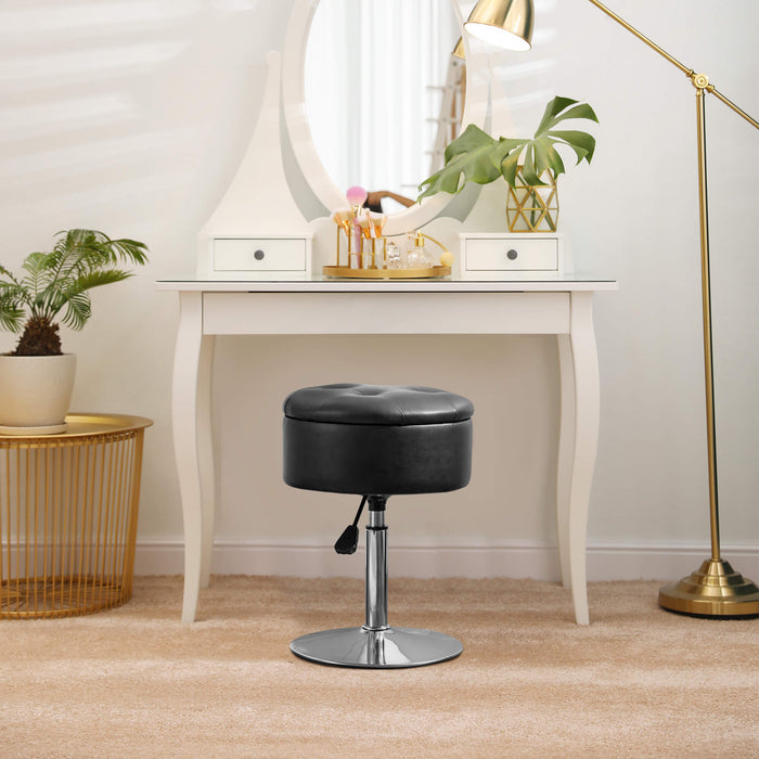 black leather swivel vanity stool height adjustable in front of the dresser