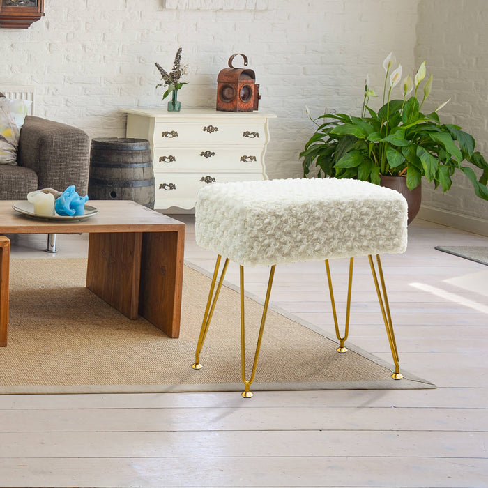 white faux fur makeup vanity stool gold leg