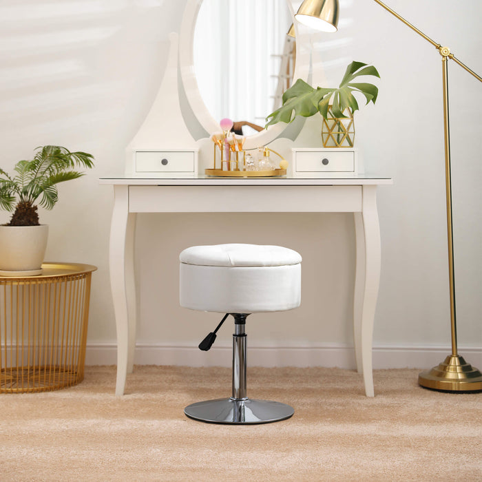 swivel white leather vanity stool height adjustable in front of the dresser