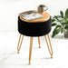 black pleated vanity stool with storage