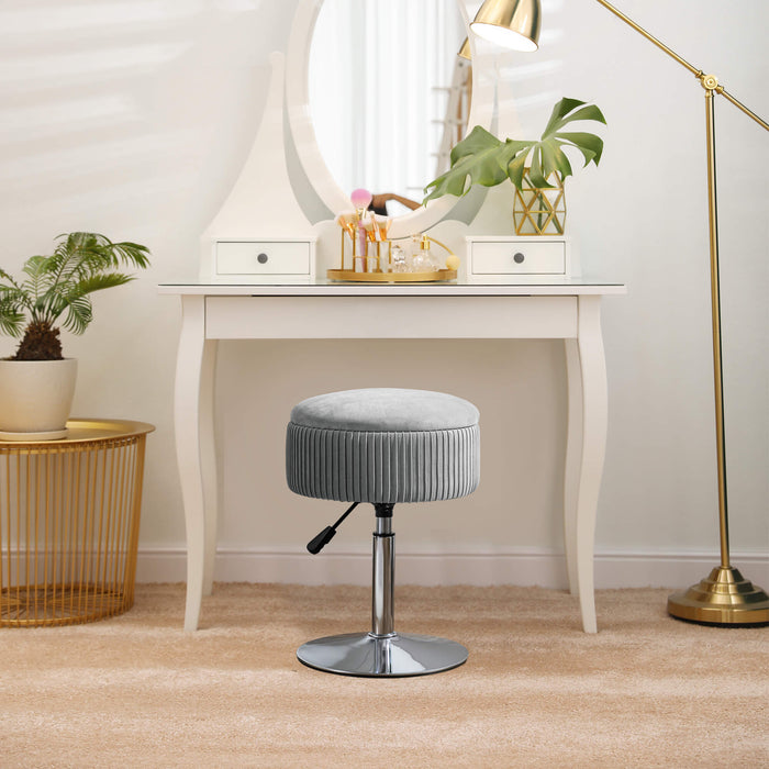 grey swivel vanity stool height adjustable in front of the dresser