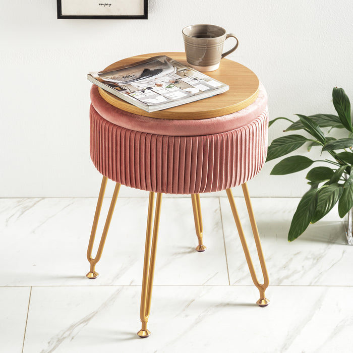 pink storage vanity stool with metal foot