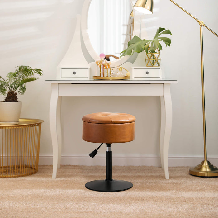 brown leather swivel vanity stool height adjustable in front of the dresser 