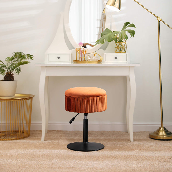 pumpkin-color swivel vanity stool height adjustable in front of the dresser