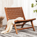 camel leather strap woven accent chair
