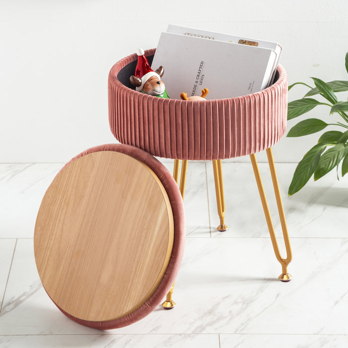 pink storage vanity stool with metal foot