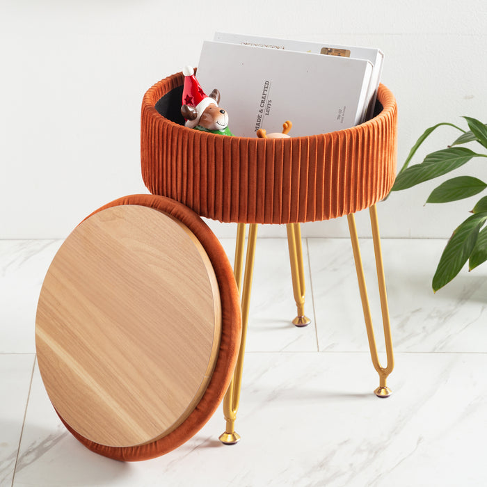 orange pleated vanity stool with storage