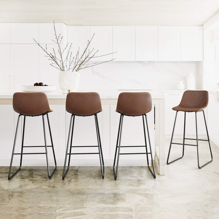 Industrial Bar Stool Minimal Cognac/Black PU Leather 77CM - Furnwise