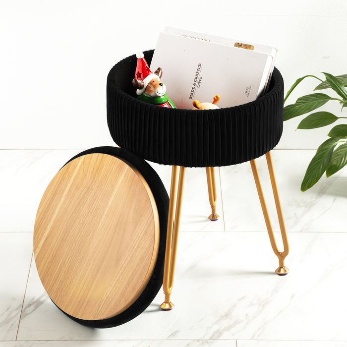 black pleated vanity stool with storage