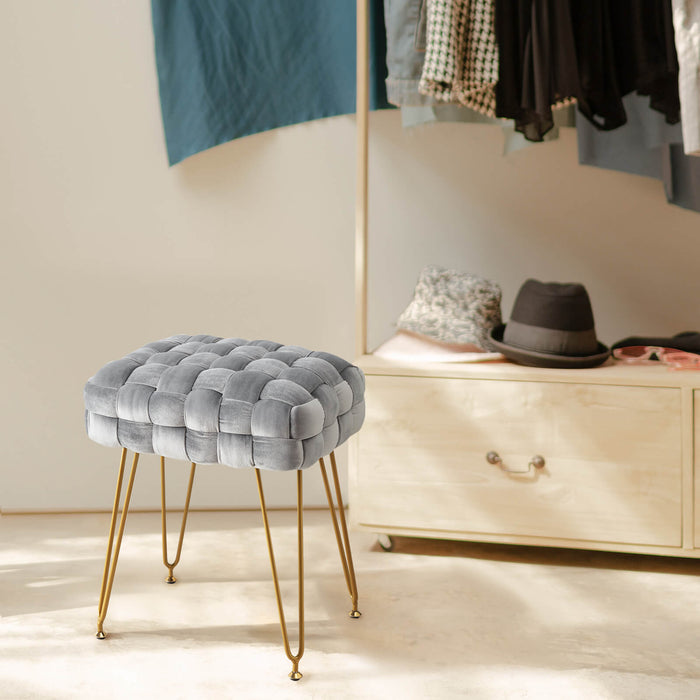 grey velvet woven vanity stool gold leg