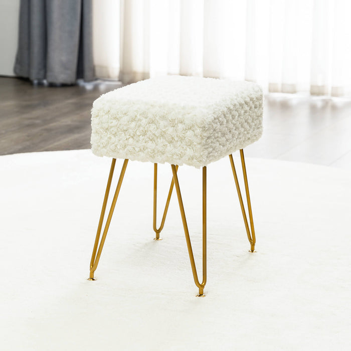 white faux fur makeup vanity stool gold leg