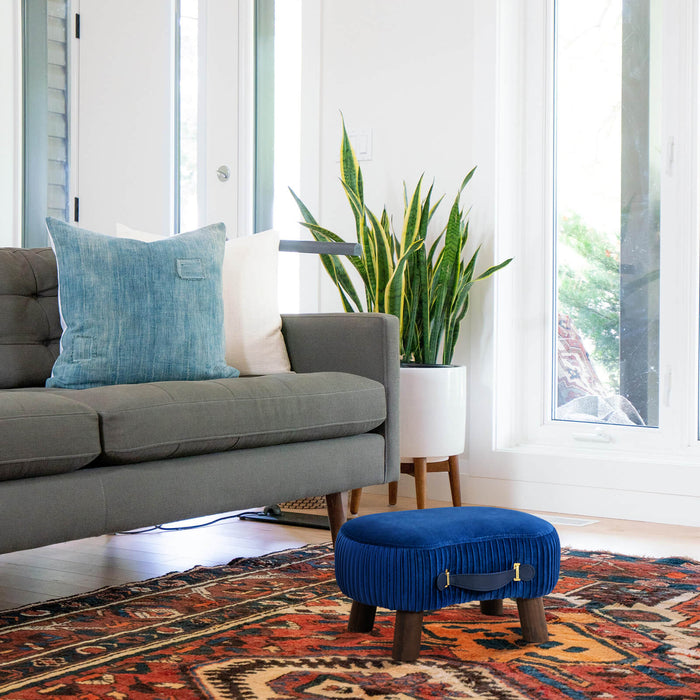 blue velvet footstool for living room