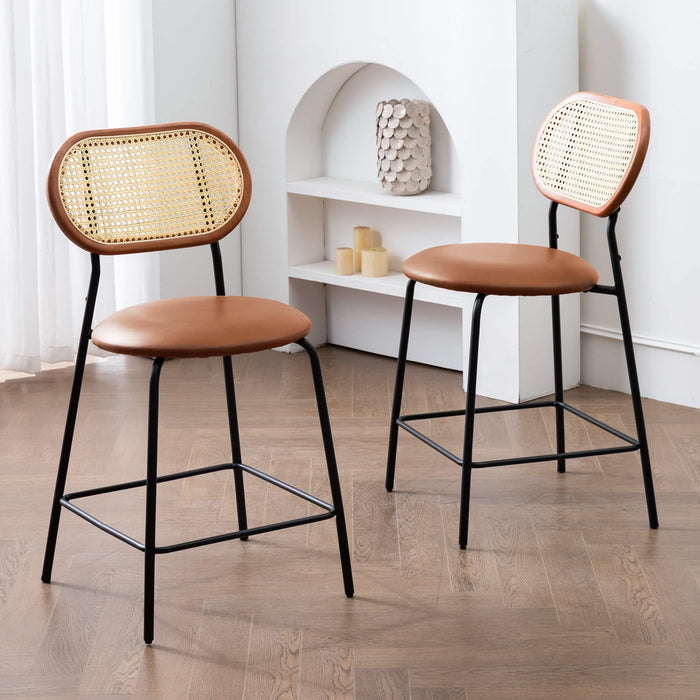 brown leather barstool with rattan backrest set of 2