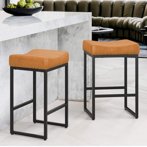 brown leather saddle bar stool set of 2