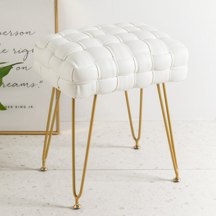 white leather woven vanity stool gold leg